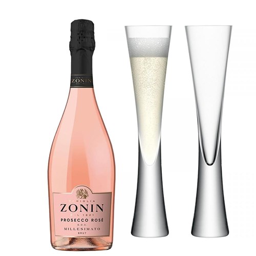 Zonin Prosecco Rose Doc Millesimato 75cl with LSA Moya Flutes